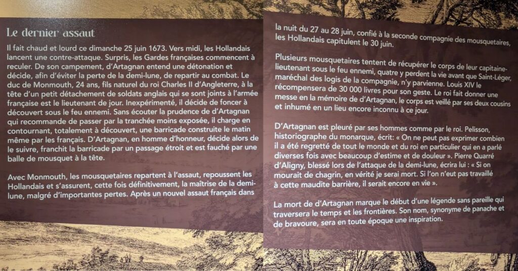 account in French of how d'Artagnan died in battle in Maastricht Lavardens exhibition