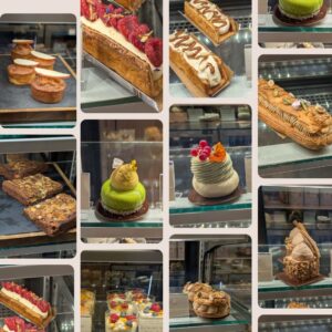 collage of delicious desserts/patisserie on display