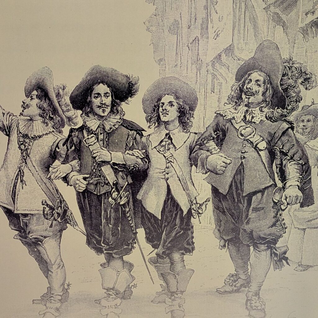 book cover; drawing showing 4 musketeers