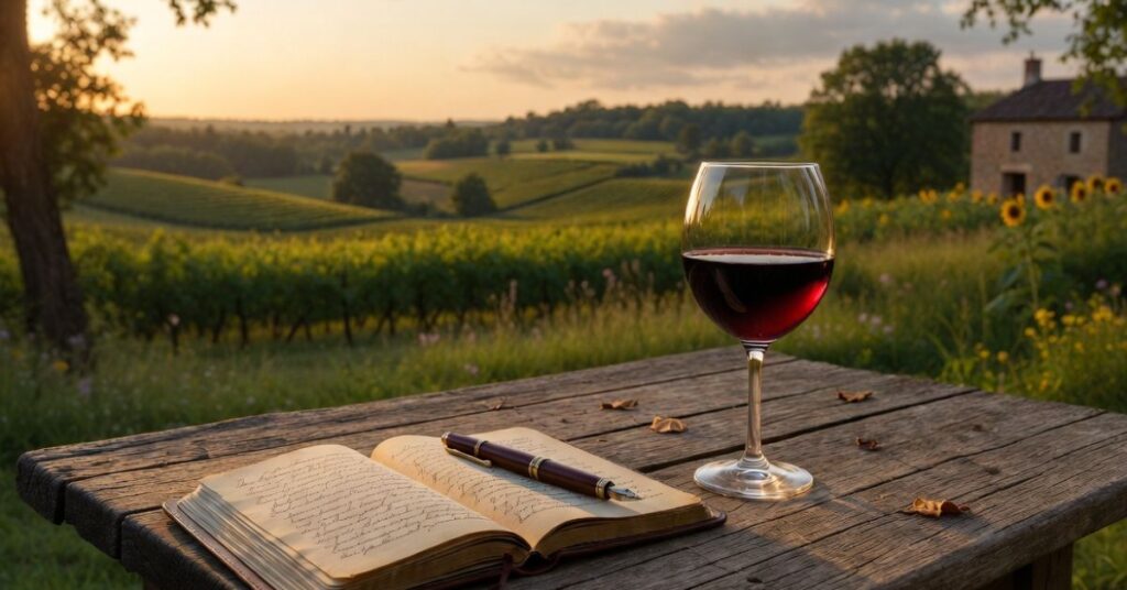 notebook pen glass of wine or Armagnac, set on wooden table, gascony
